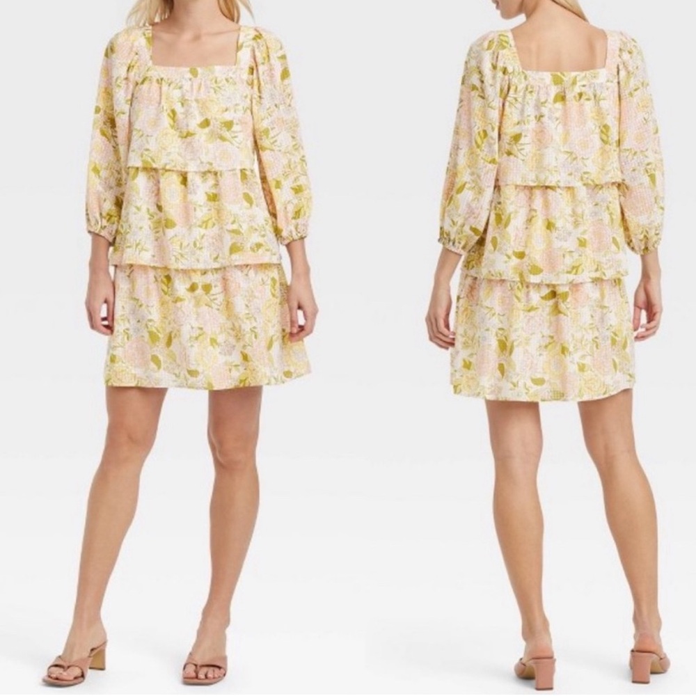 NWT Who What Wear Women's Size Small Bishop 3/4 Sleeve Tiered Dress Floral